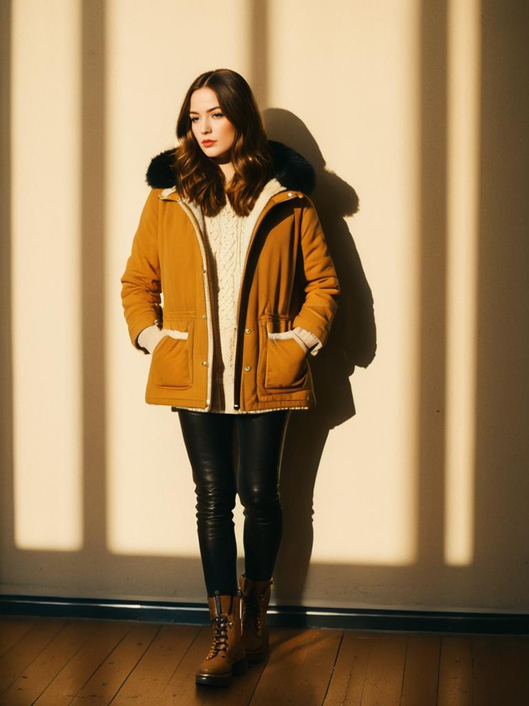 Woman in Casual Winterwear Caramel Parka with Fur Hood