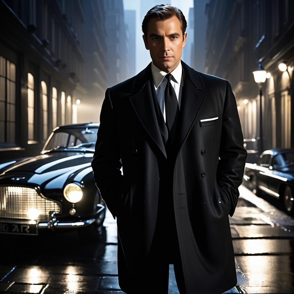 Sophisticated Man in Classic Black Coat - Film Noir Style