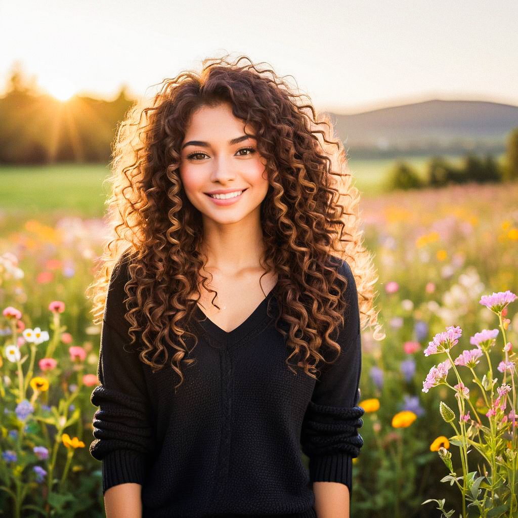 Smiling Woman in Wildflower Field at Sunset Smiling Woman in Wildflower Field at Sunset