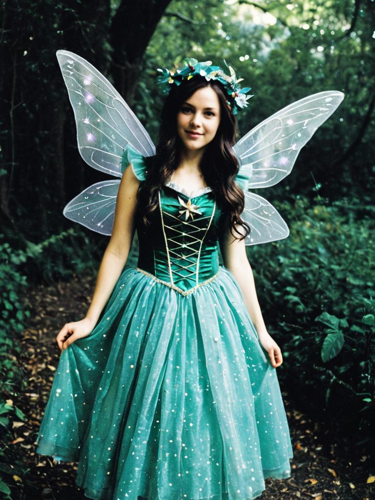 Enchanted Fairy Costume Woman in Forest with Wings and Floral Crown