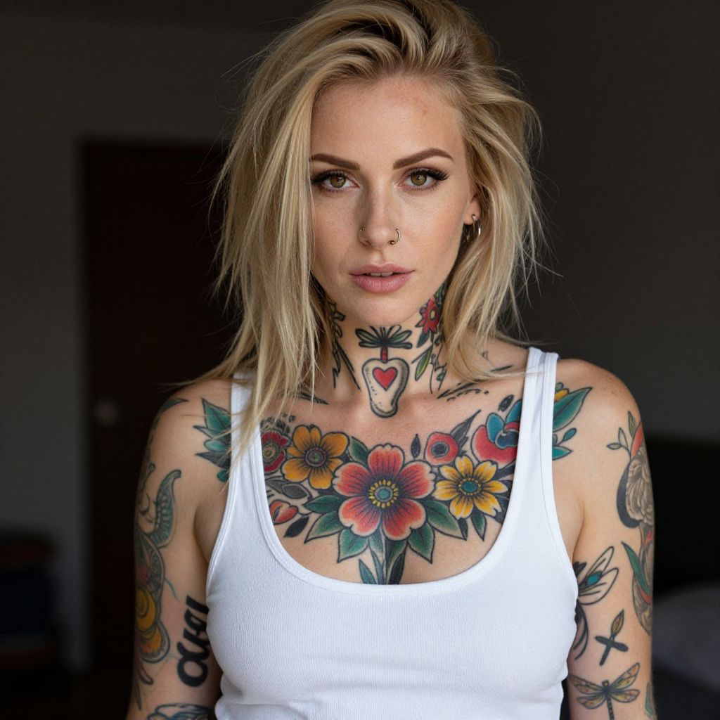 Blonde Woman with Colorful Tattoos Wearing White Tank Top