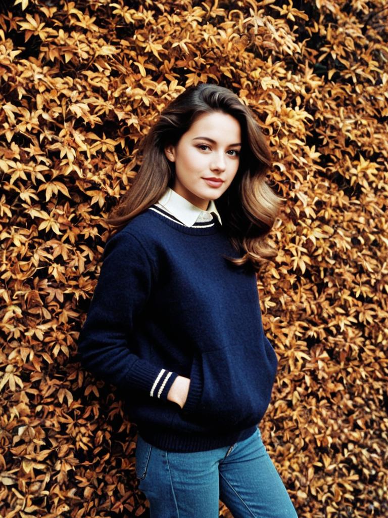 Preppy Fall Fashion Woman in Navy Sweater with Autumn Leaf Background