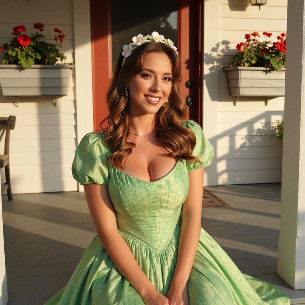 Young Woman in Vintage Green Dress Sitting on Sunny Porch