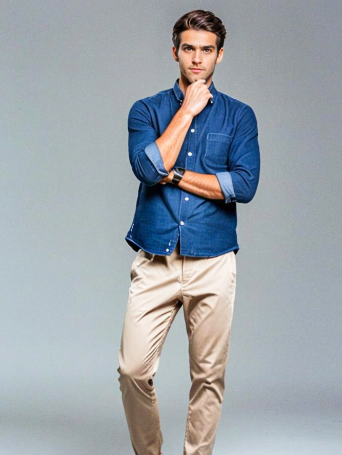 Stylish Young Man in Denim Shirt and Beige Trousers