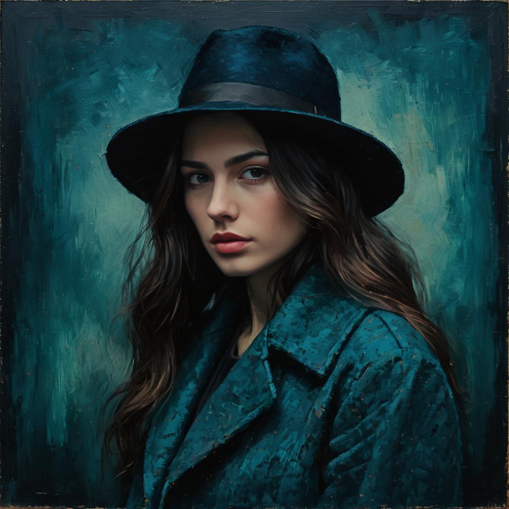 Portrait of Woman in Black Hat and Teal Coat with Painterly Background