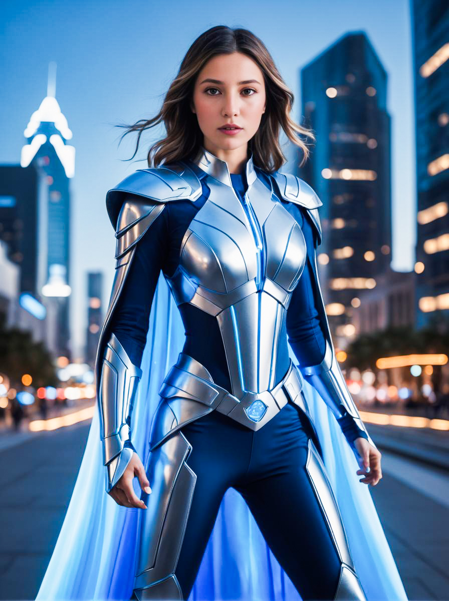 Futuristic Superhero Woman in Metallic Armor