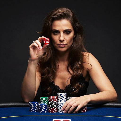 Confident Woman Playing Poker Holding Red Die at Table