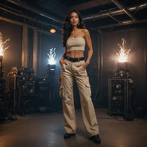 Confident Woman in Beige Outfit Posing in Industrial Setting with Dramatic Lighting