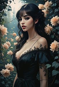 Elegant Woman in Black Lace Dress Among Peach Flowers