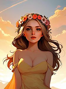Young Woman in Yellow Dress with Floral Crown at Sunset