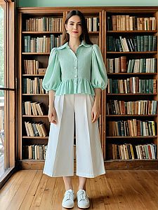 Stylish Woman in Mint Green Blouse and White Trousers in Library