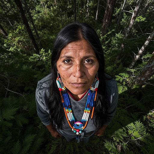 Portrait of Woman Wearing Colorful Beaded Jewelry in Forest