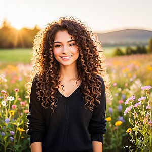 Smiling Woman in Wildflower Field at Sunset