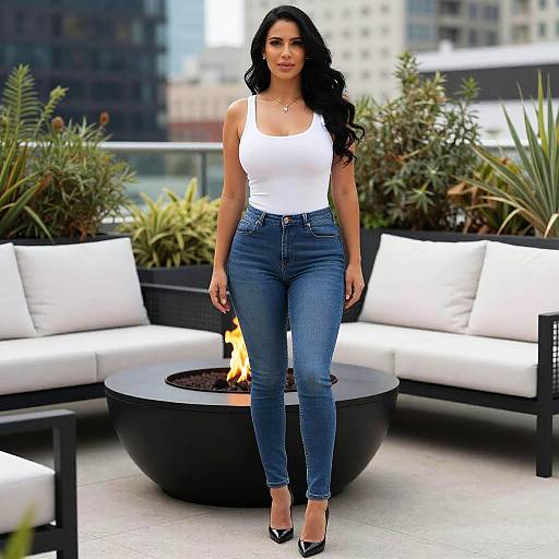 Confident Woman in Casual White Tank Top and Blue Jeans on Rooftop Patio