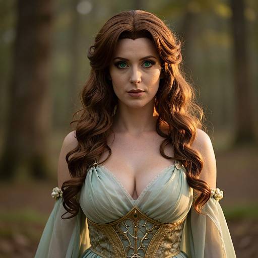 Medieval Fantasy Woman in Elegant Embroidered Gown with Green Eyes in Forest