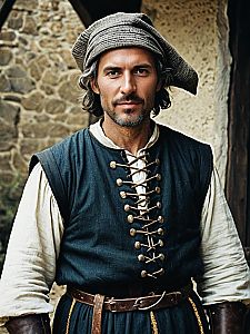 Man in Medieval Peasant Costume Waist Up Editorial Portrait