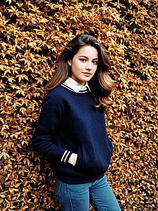 Preppy Fall Fashion Woman in Navy Sweater with Autumn Leaf Background