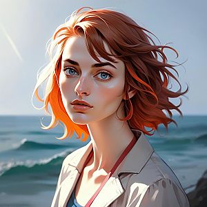 Digital portrait of a woman with red hair and blue eyes