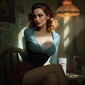 Elegant Vintage Style Woman Sitting in Warmly Lit Room Digital Artwork