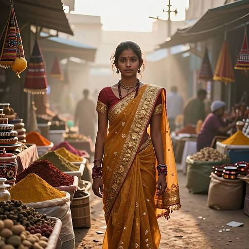 Young Woman in Traditional Saree at Indian Spice Market