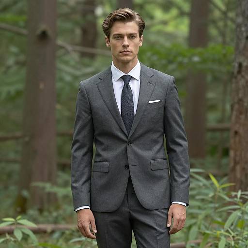 Young Man in Grey Suit Standing Outdoors in Forest