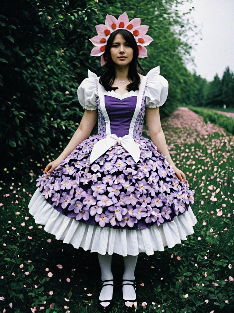 Woman in Flower Costume Full Body Cosplay Photo with Petal Dress