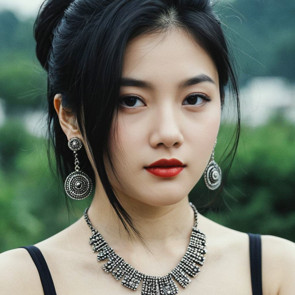 Elegant Woman with Jet-Black Hair and Silver Jewelry