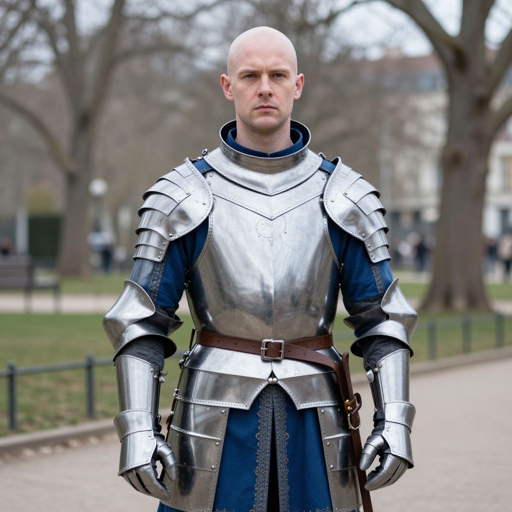 Medieval Knight in Full Plate Armor Standing Outdoors
