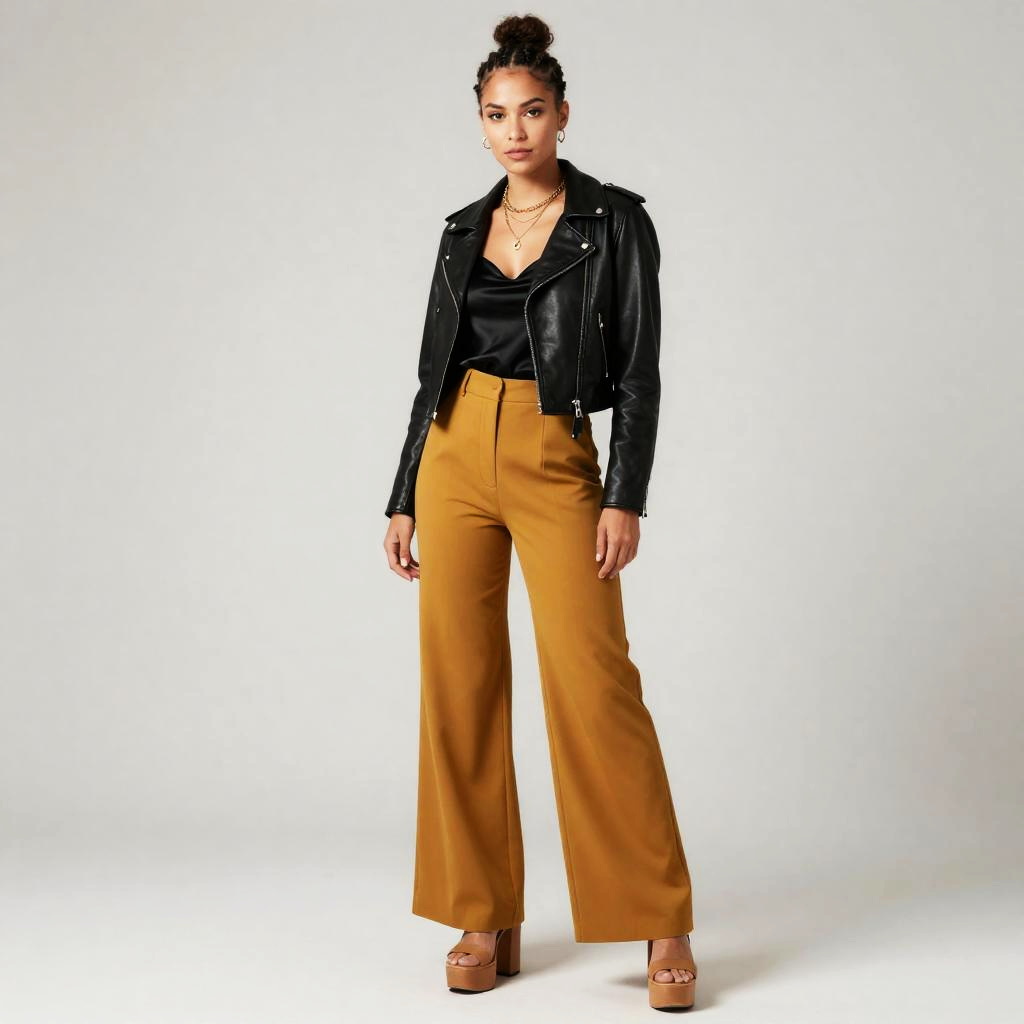 Stylish Young Woman in Black Leather Jacket and Mustard Wide-Leg Pants