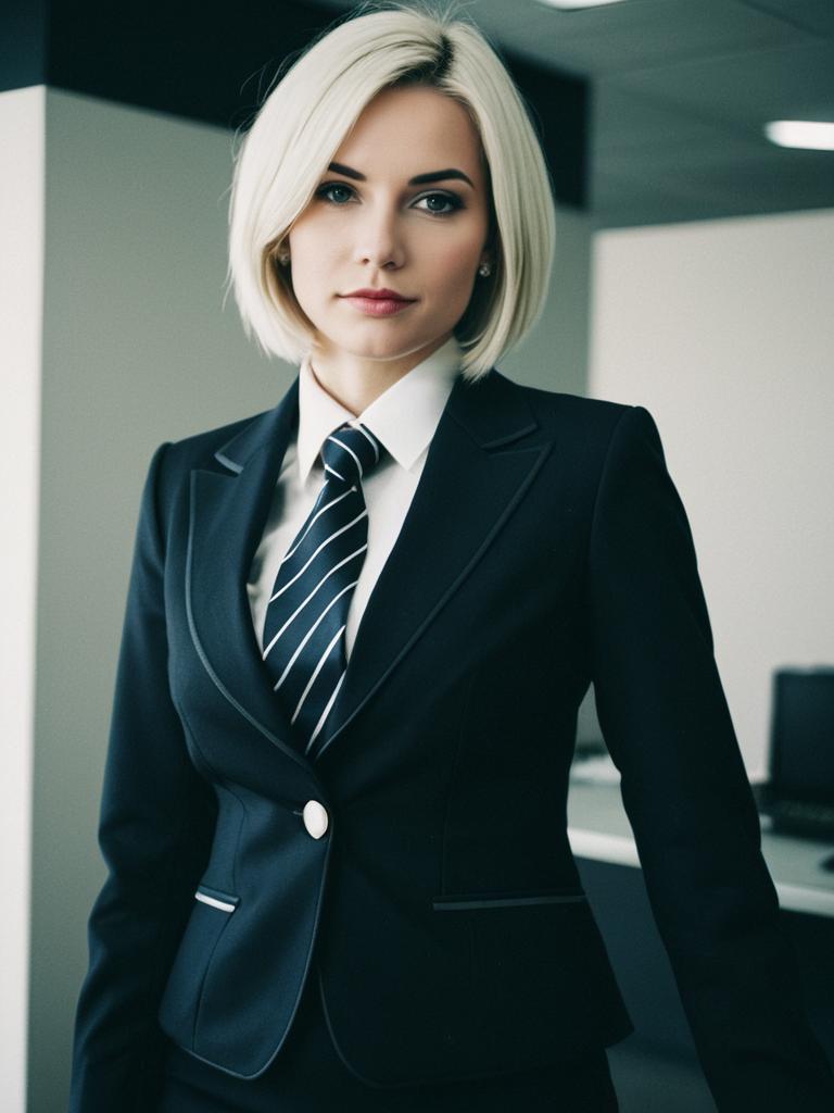 Woman in Formal Business Attire with Striped Tie in Office