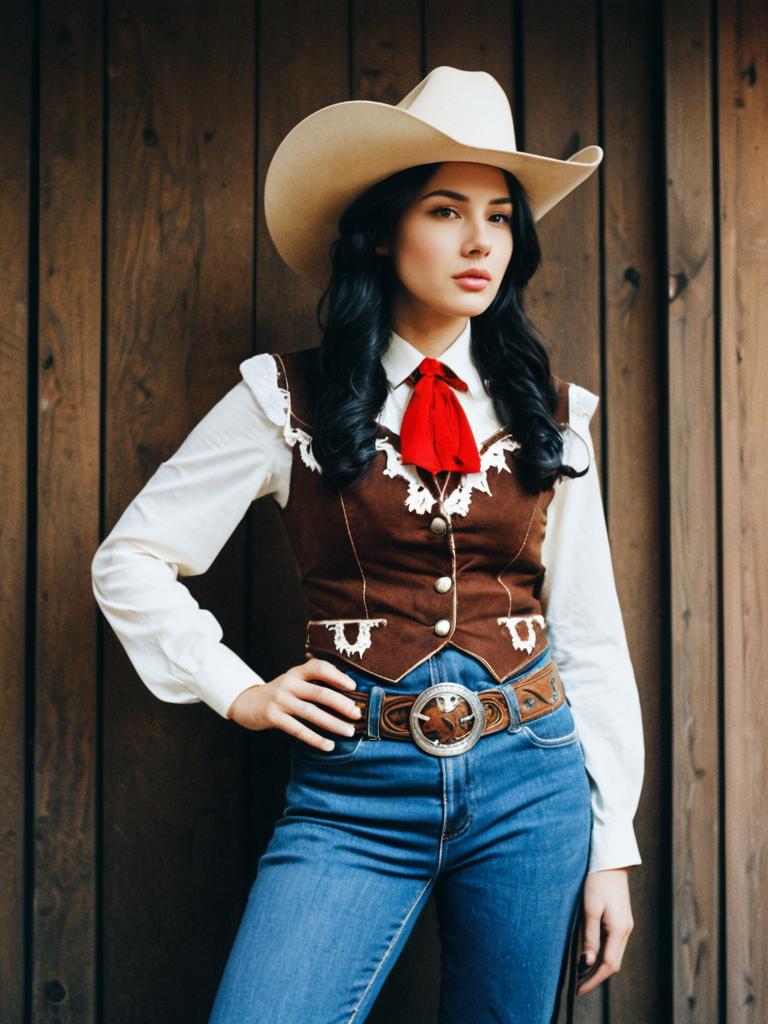 Woman in Classic Cowgirl Costume with Western Style Outfit and Hat