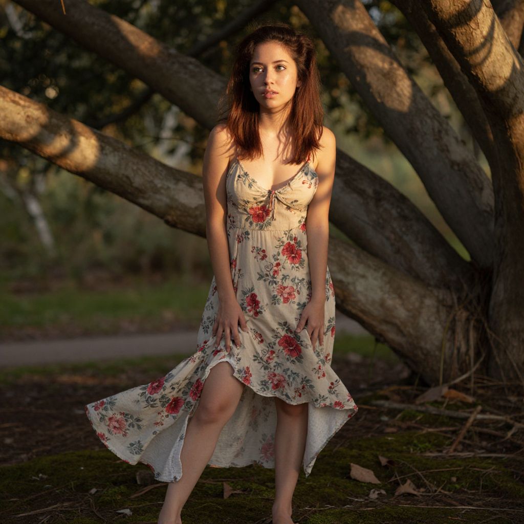 Young Woman in Floral Dress in Warm Natural Light Outdoors