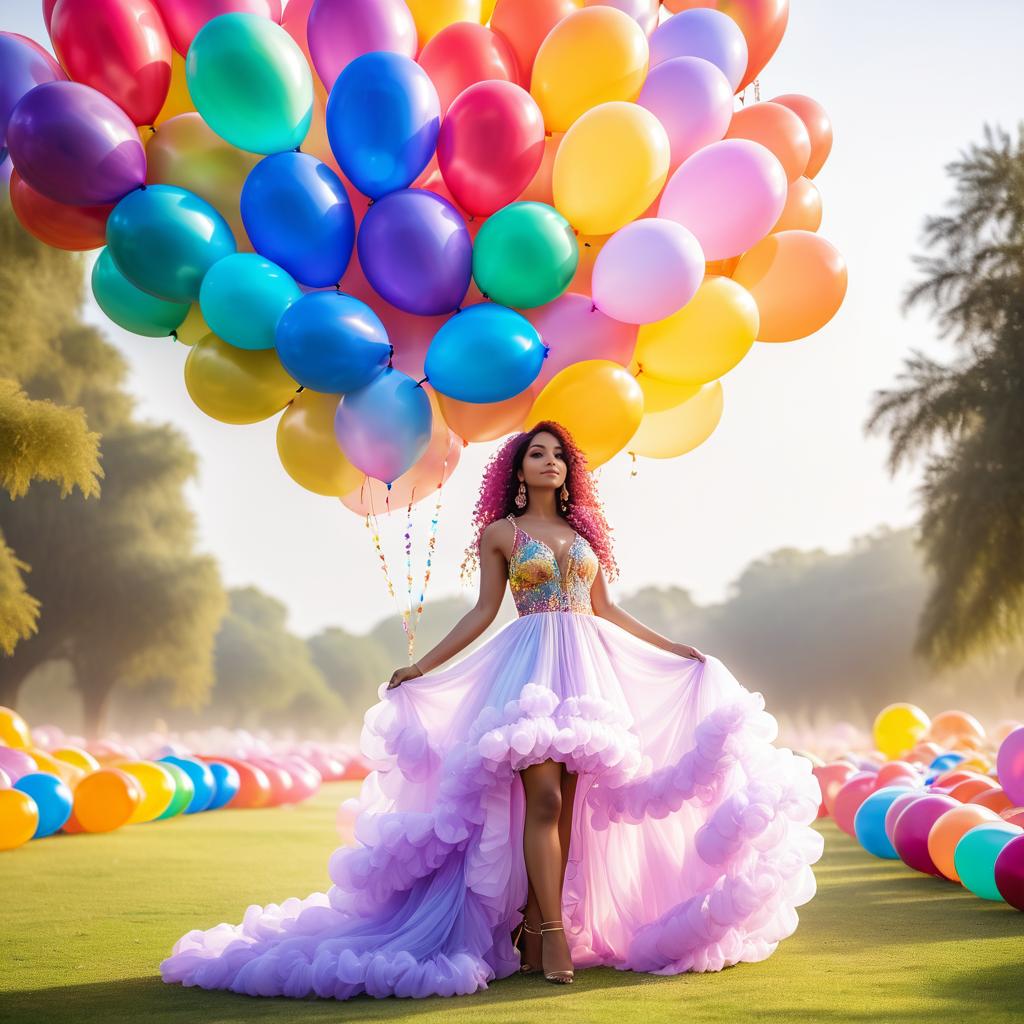 Woman in Pastel Dress with Colorful Balloons