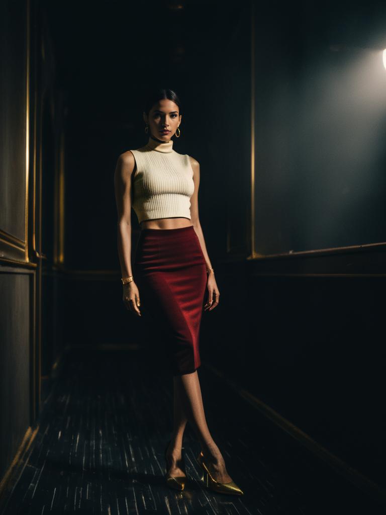Woman Wearing Minimalist Cream Sleeveless Mock Neck Crop Top and Burgundy Pencil Skirt