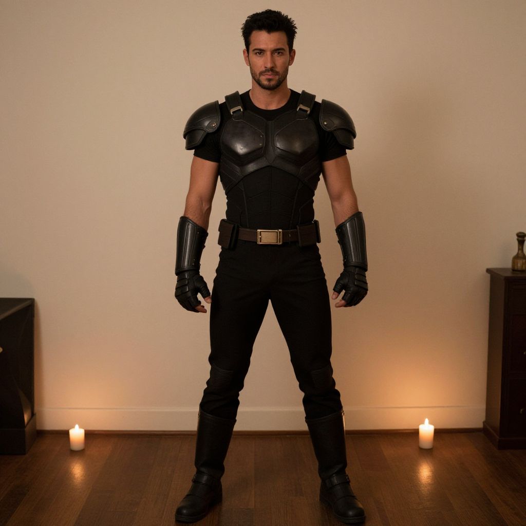 Man Wearing Futuristic Black Armor with Candlelight Ambiance