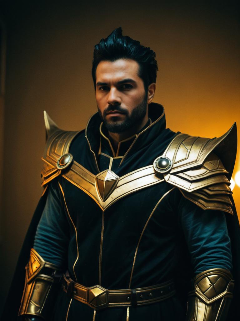 Man Cosplay Wearing Doma Costume with Gold Armor from Genshin Impact