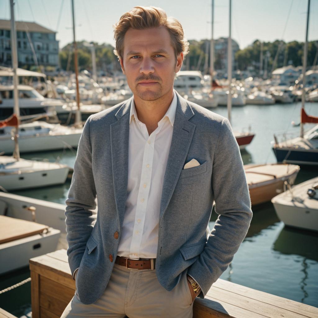 Stylish Man in Smart Casual Outfit by Marina with Luxury Yachts