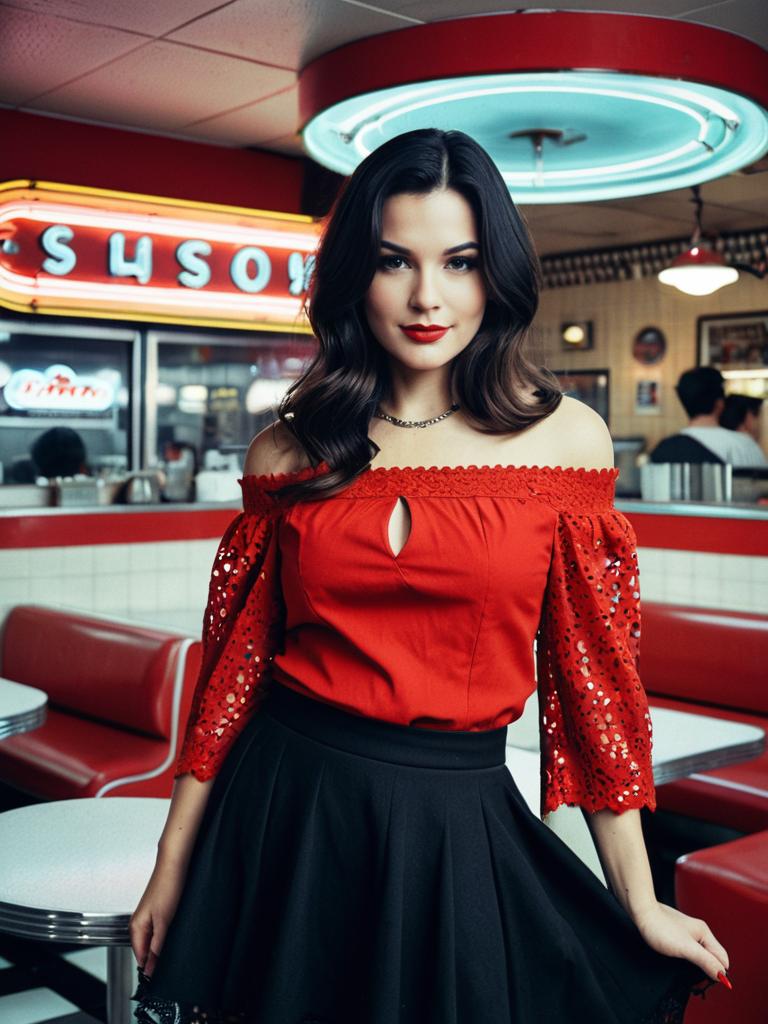 Stylish Woman in Retro Diner Wearing Red Top and Black Skirt