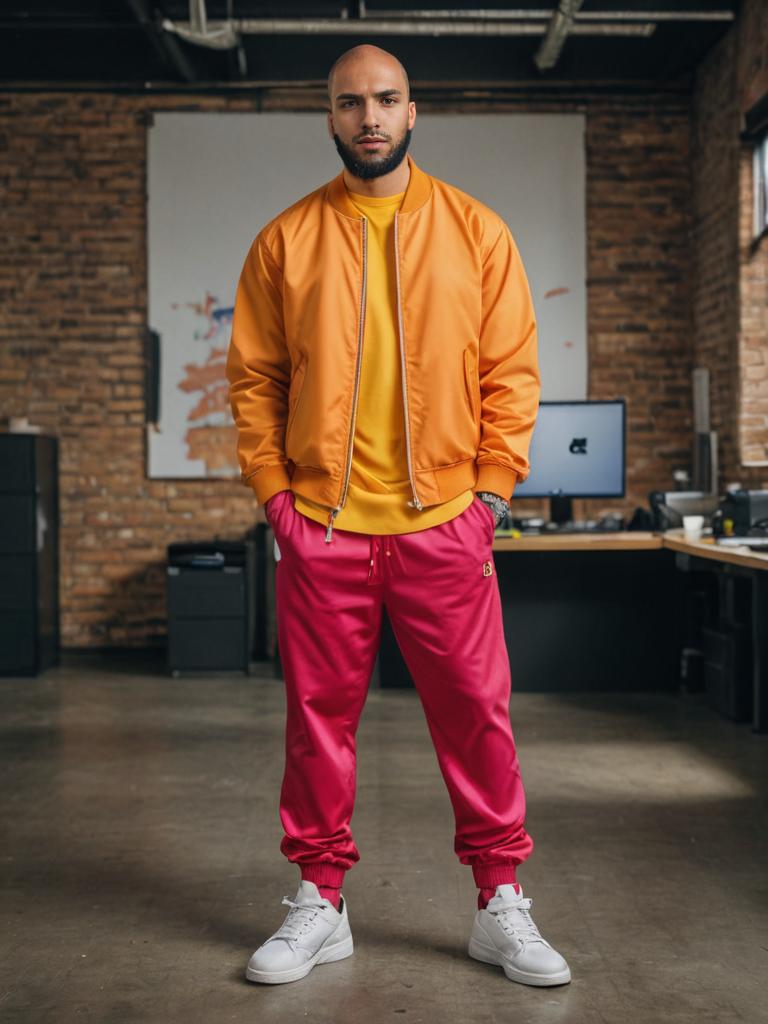 Confident Man in Vibrant Orange Jacket and Pink Pants