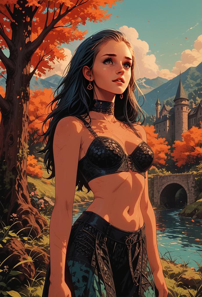 Fantasy Anime Woman in Autumn Landscape with Castle and River