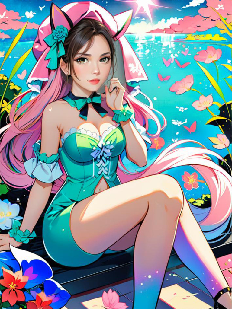 Anime Woman in Teal Outfit with Cherry Blossoms