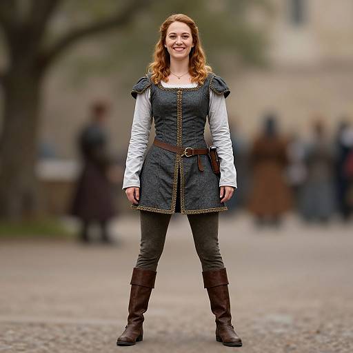 Woman in Medieval-inspired Costume with Leather Boots and Tunic