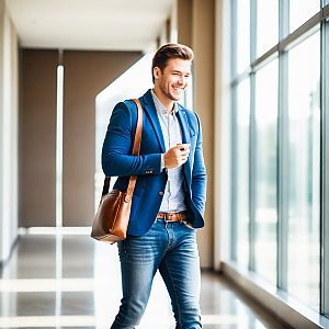 Confident young man in blue blazer walking in corridor