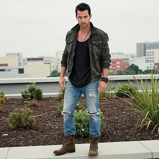 Confident Man Wearing Distressed Jacket and Ripped Jeans on Rooftop