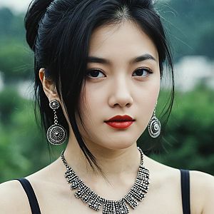 Elegant Woman with Jet-Black Hair and Silver Jewelry