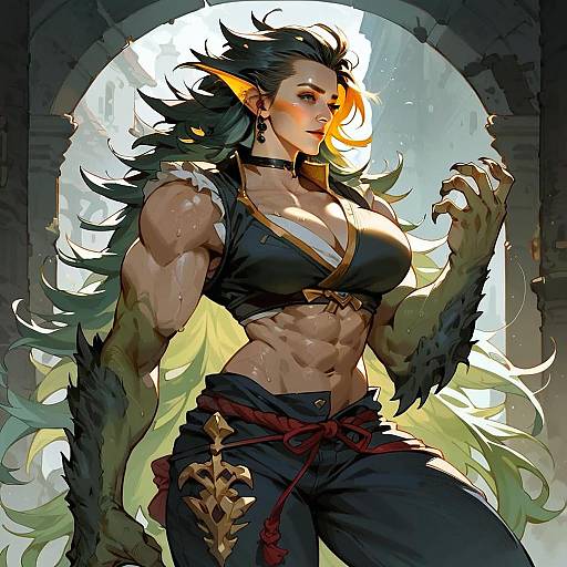 Muscular Elven Woman Fantasy Anime Illustration in Ruins