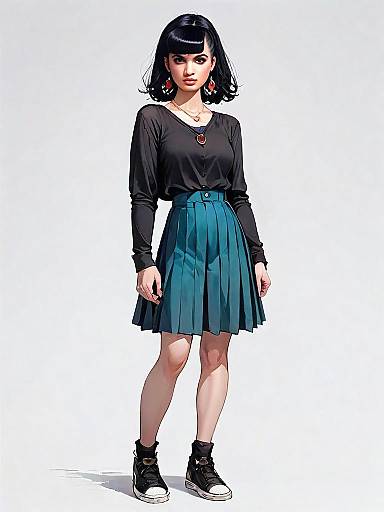 Stylish Woman in Black Top and Teal Pleated Skirt - Realistic Comic Style Full Body Illustration