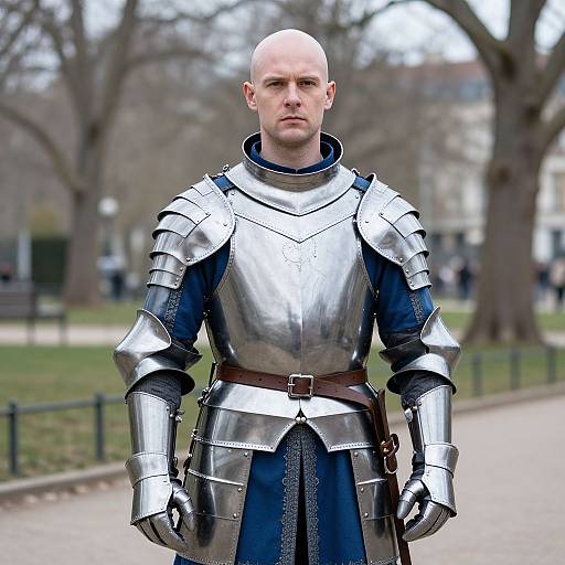 Medieval Knight in Full Plate Armor Standing Outdoors