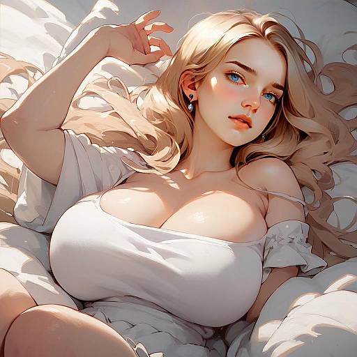 Blonde Woman Anime Style Digital Artwork Lying on Bed