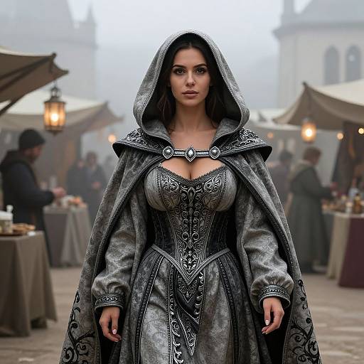 Medieval Woman in Detailed Hooded Cloak and Corset at Fantasy Market
